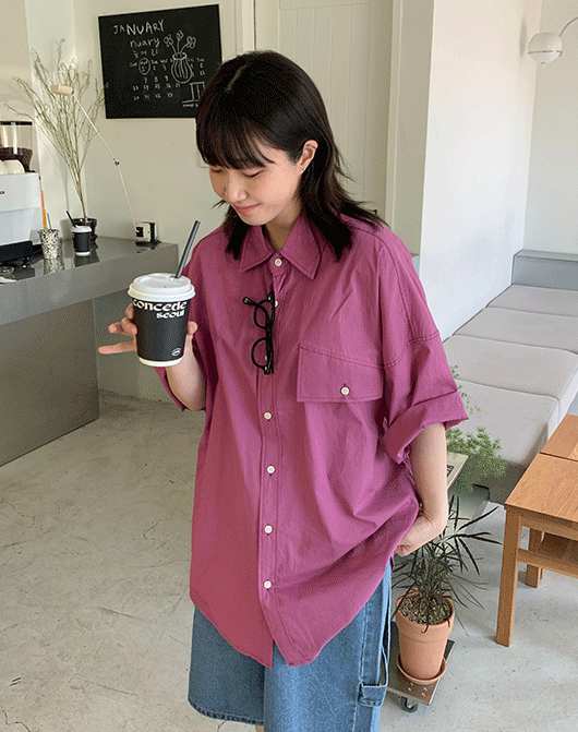 [unisex] 론소 컬러 오버 반팔 셔츠 (4color)