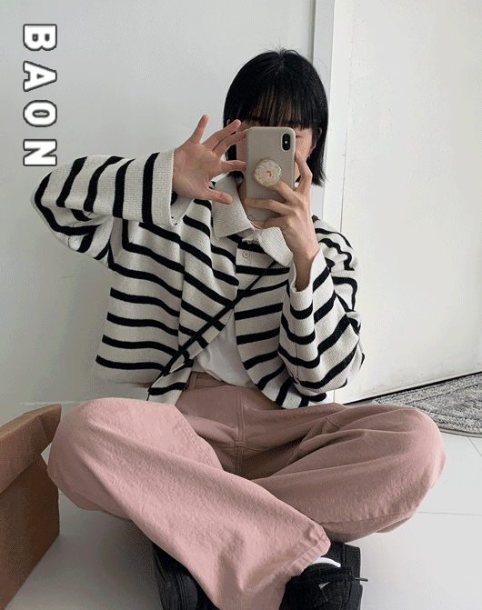 [BAON] 비이비 카라 니트 가디건 (2color) - 스트라이프ver.