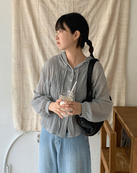 오니루 썸머 크롭 거즈 후드 셔츠 (3color)